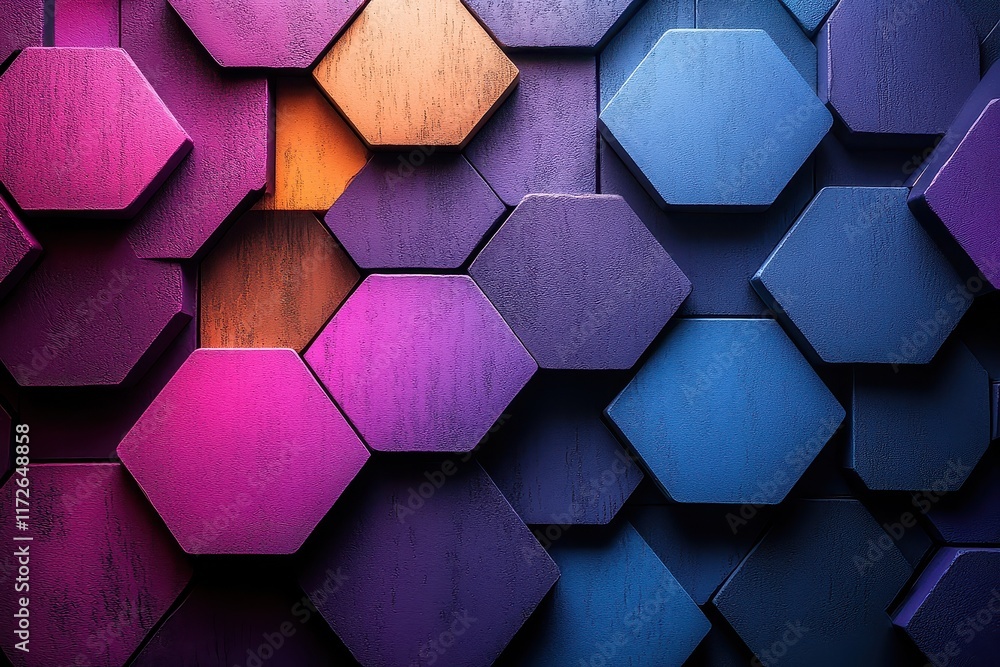 Poster colorful hexagonal tiles create an abstract pattern in purple, blue, and orange colors on a wall dis