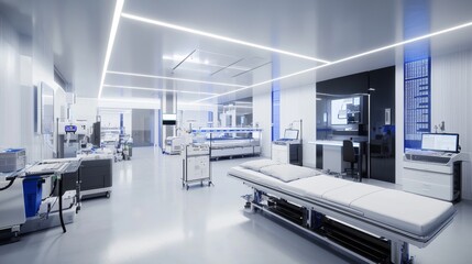 Modern hospital room designed for patient care in a high-tech medical environment with advanced equipment