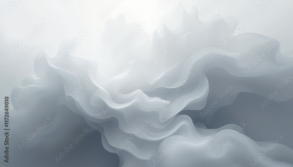 Poster abstract representation of fluid dynamics in soft white tones evoking tranquility and calmness