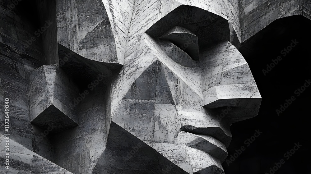 Poster abstract black and white backgrounds. close-up of a large, geometric concrete sculpture resembling a