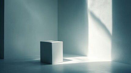 Fototapeta premium Minimalist interior space with a white cube and natural light in a modern setting