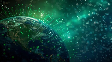 Global Network Connection with Fiber Optic Cables and Green Lights on Earth