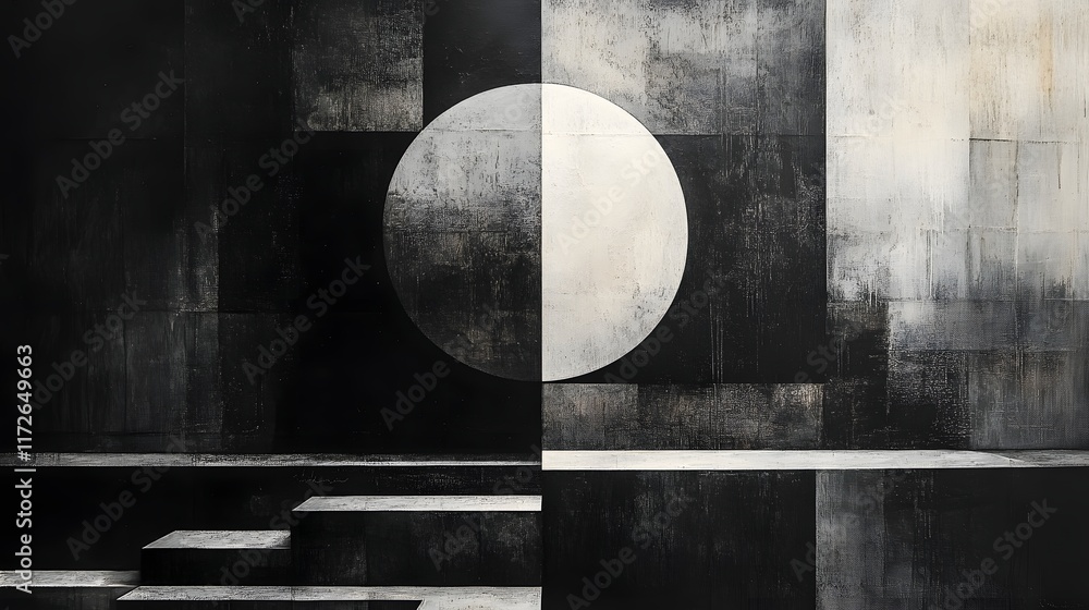 Poster abstract black and white backgrounds. a grayscale abstract artwork featuring geometric shapes and te