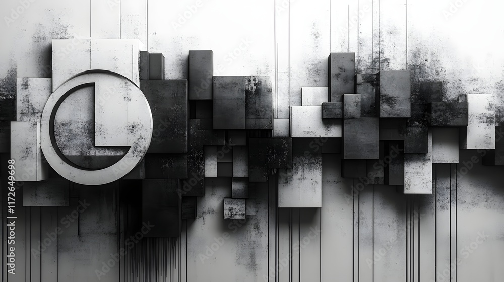 Poster Abstract Black and White Backgrounds. Abstract monochrome image showcasing a 3D composition of cubes and a circular emblem. Grunge texture adds depth.