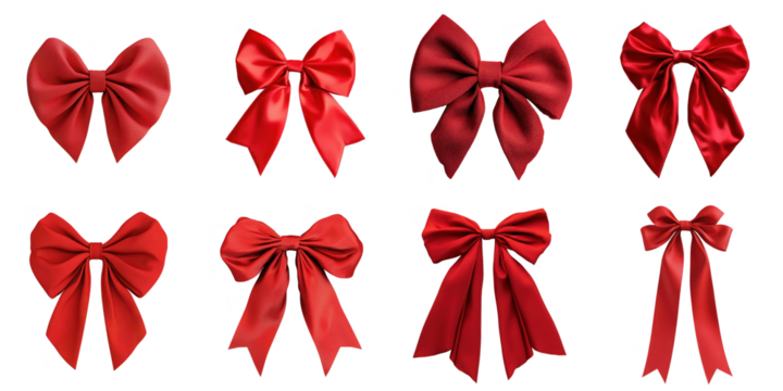 Red ribbon png isolated set in 3d transparent using for bow presentation.