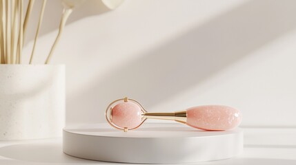 Elegant pink jade roller resting on a minimalist white display with soft natural lighting and decorative elements in the background