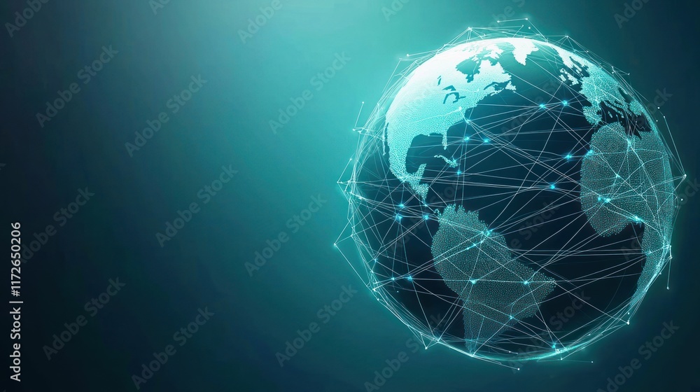 Poster a digital representation of earth connected by network lines.