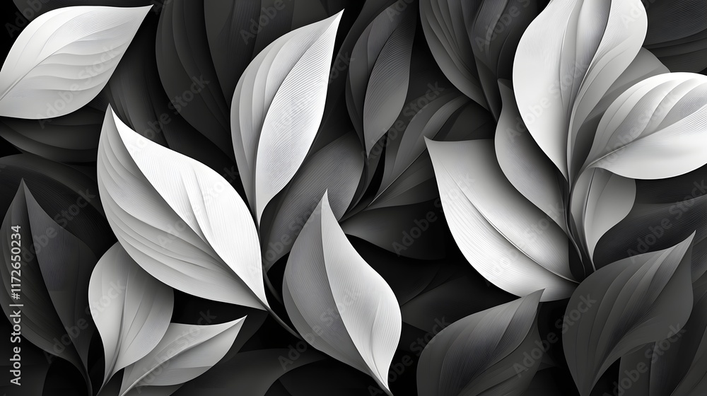 Poster abstract black and white backgrounds. digital art showcasing grayscale leaves. intricate details and