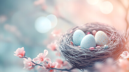 Easter Nest with Speckled Eggs and Spring Blossoms on Soft Pastel Background