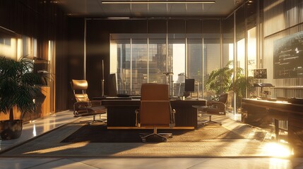 Fototapeta premium Luxurious office with warm sunlight and greenery - generative ai