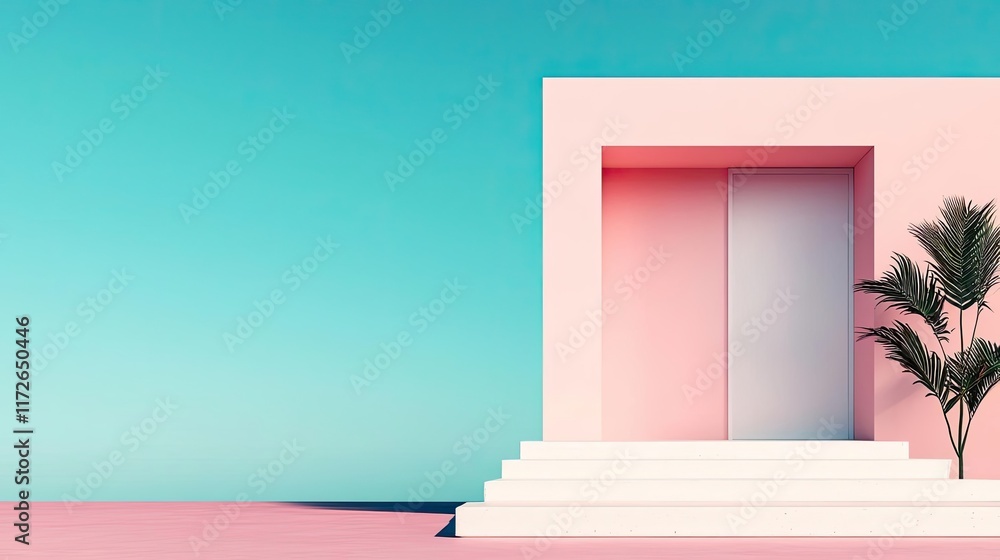 Poster minimal skies concept. modern architectural entrance with pastel colors and minimalistic design.