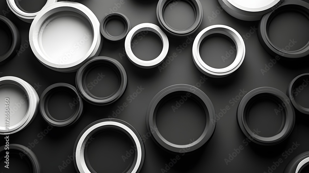 Poster Abstract Black and White Backgrounds. 3D rendered image of overlapping black and white circles creating an abstract background.