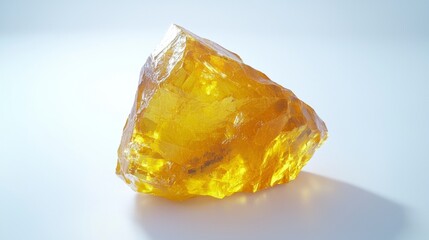Bright yellow amber stone reflecting light on a clean surface in a well-lit environment