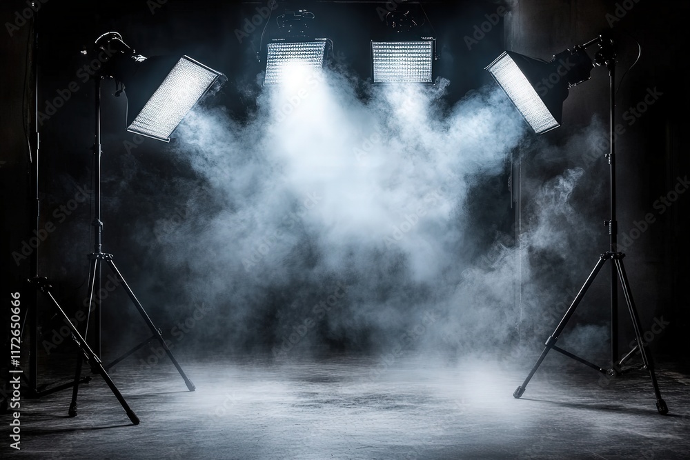 Poster dramatic studio lighting setup with illuminated softboxes creating a smoky background effect perfect