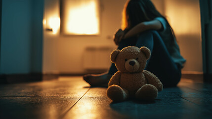 A symbolic image of a child&rsquo;s teddy bear lying abandoned on the floor of a dimly lit room. In the blurred background, a silhouette of a child sits on the floor, hugging her knees, victim and violence