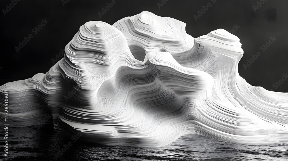 Poster abstract black and white backgrounds. sculptural abstract artwork. white layers create a landscape. 