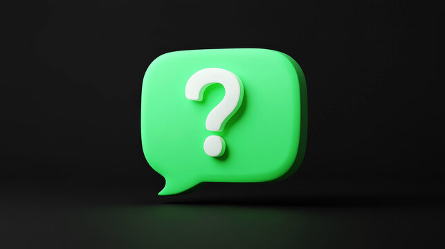 green 3D speech bubble with a white question mark in the center, placed against a solid black background. The minimalistic and bold design emphasizes inquiry, questions, and communication