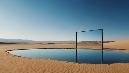 d render, amazing panoramic abstract background. Under the clear blue sky, a desert landscape with sand, water, and a square mirror can be seen. A modern, minimalist look