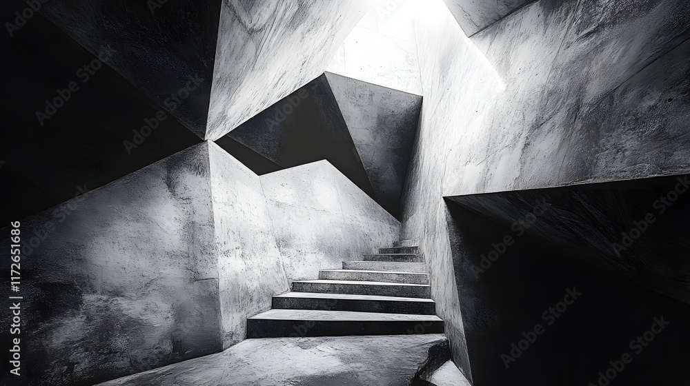 Poster abstract black and white backgrounds. a stark grayscale image of a modern concrete staircase, showca