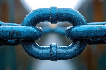 Close-up view of a blue chain link highlighting texture and connections in an industrial setting