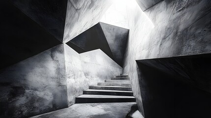 Abstract Black and White Backgrounds. A stark grayscale image of a modern concrete staircase, showcasing geometric shapes and interplay of light and shadow. Architectural photography.