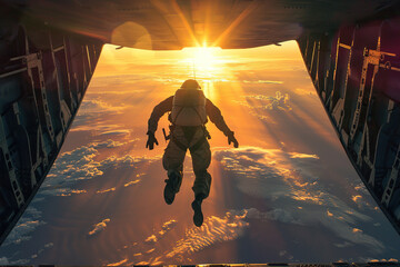 Parachutist with parachute makes heavenly adventure against on nature landscape, abstract vivid composition consists of fictional unreal fantastic vision on background