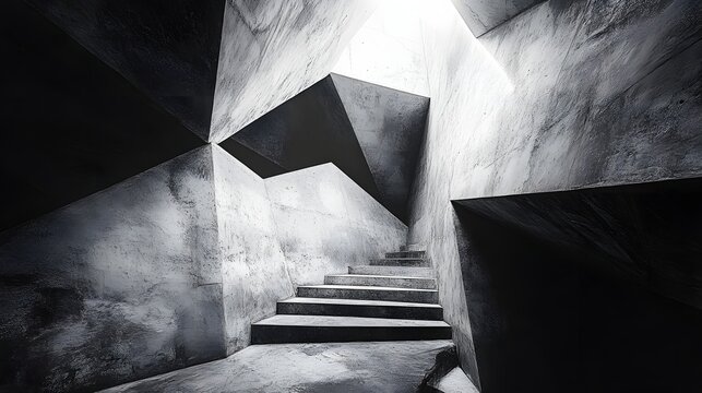Abstract Black and White Backgrounds. A stark grayscale image of a modern concrete staircase, showcasing geometric shapes and interplay of light and shadow. Architectural photography.