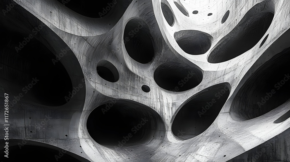 Poster Abstract Black and White Backgrounds. A stunning grayscale image showcasing abstract concrete architecture. Organic forms and intriguing shadows create a visually captivating composition.