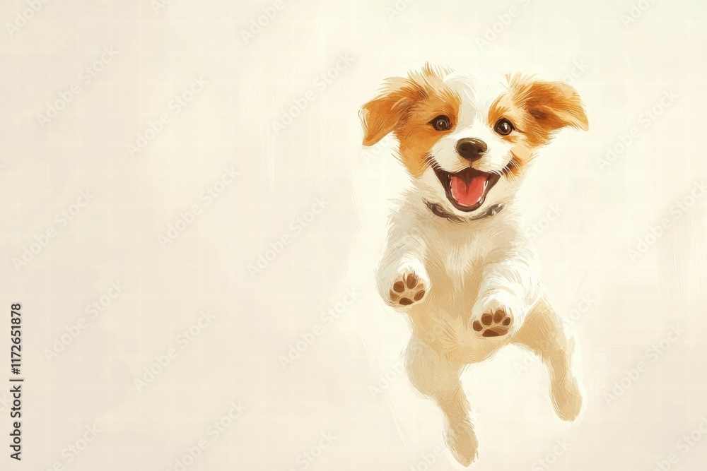 Aufkleber Joyful puppy leaps in the air with a playful expression in a bright, cheerful setting filled with warmth and happiness. Generative AI