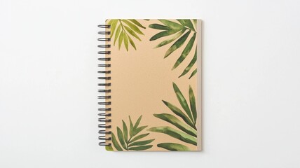 Sustainability, Eco friendly products and packaging. Notebook with palm leaf design on a neutral background, perfect for notes or journaling.