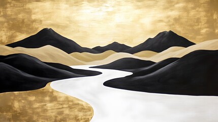 oil painting river stream in gold color casding through mountains in black color, Generative AI 