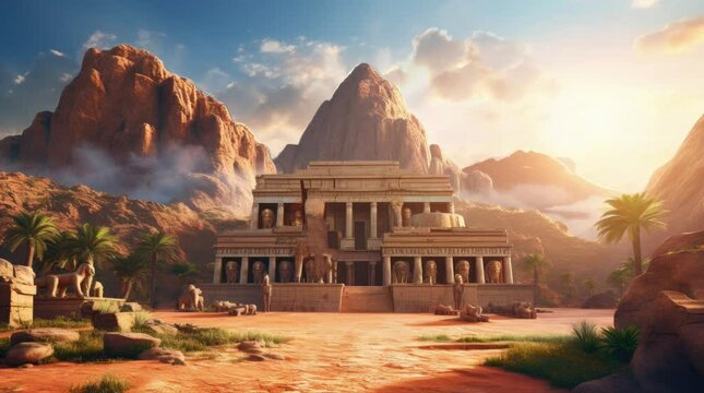 A view of an ancient Egyptian building, statues, and cliffs in the afternoon. 4k animated video