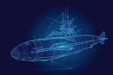 Beautiful large submarine floating in middle of deep ocean during mission, abstract vivid composition consists of fictional unreal fantastic vision on background