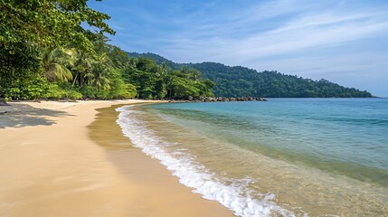 6. Crystal-clear blue sea with gentle waves meeting the soft white sand, under a serene sky on a tropical beach