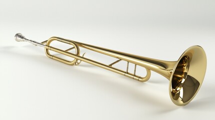 Obraz premium Golden trombone resting on a white surface showcases its shiny finish and elegant design