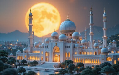 Obraz premium Night view of a mosque with a large dome and minarets, featuring marble architecture, reflecting cultural and religious heritage, similar to the grandeur of the Taj Mahal in India