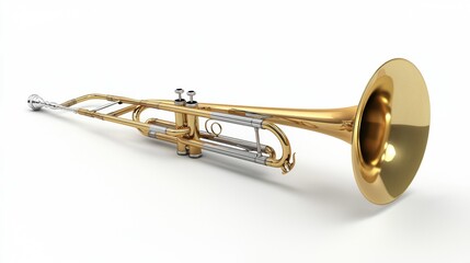 Obraz premium Beautiful brass trumpet laid on a white background showcasing intricate design and craftsmanship