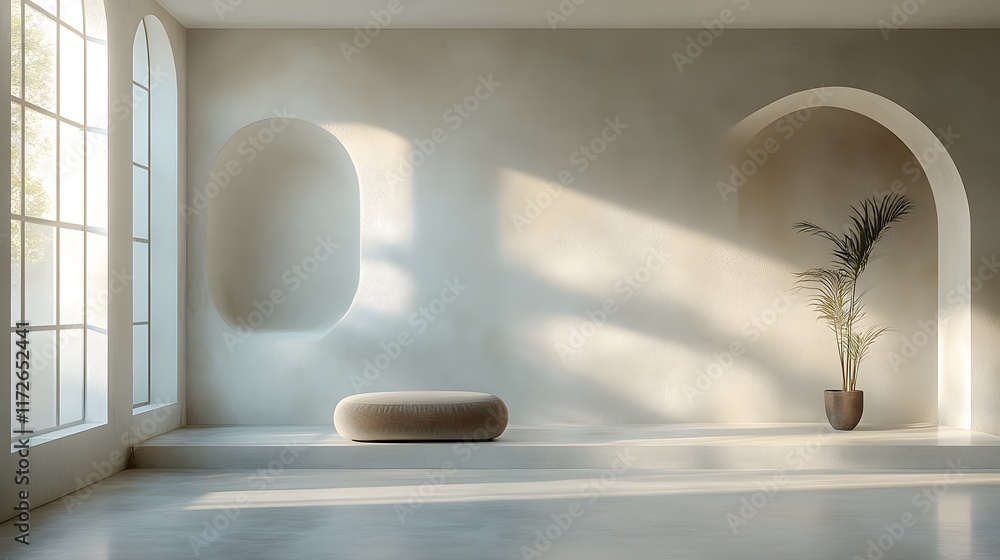 Aufkleber Abstract Black and White Backgrounds. Sunlight streams into a minimalist room with arched windows and niches, creating a serene and calming atmosphere.