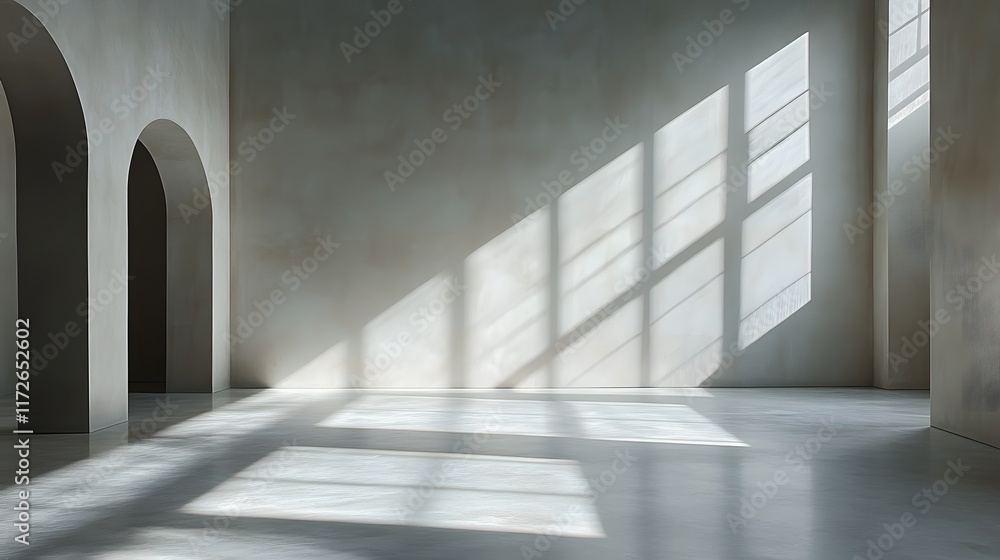 Aufkleber Abstract Black and White Backgrounds. Sunlight streams through windows, casting shadows on a minimalist interior with arches and a concrete floor.
