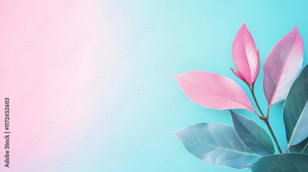 Poster minimal skies concept. delicate pink and green leaves on a soft gradient background for serene decor