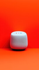 Voice Commerce A modern smart speaker displayed against a vibrant orange background, featuring a sleek design and control buttons on top.