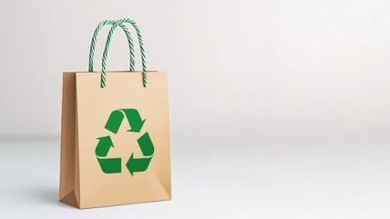 Sustainability, Eco friendly products and packaging. Eco-friendly shopping bag with a green recycling symbol on a neutral background.