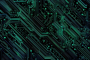 Abstract close-up of a glowing blue digital circuit board, showcasing intricate connections and technological design on a black background.
