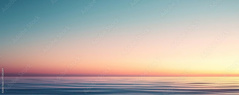 Poster Minimal skies concept. Serene ocean view at sunset with gradient sky and calm waters reflecting soft colors.