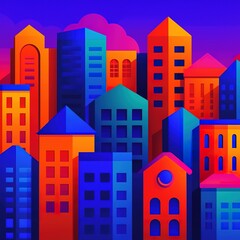 Voice Commerce Colorful abstract city skyline with geometric buildings in vibrant shades of blue, orange, and purple against a gradient background.