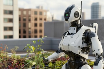 Robot tending to plants on a city rooftop garden in bright daylight