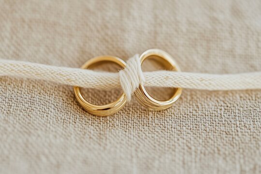 A pair of golden wedding rings tied together with white string, resting on a canvas fabric background. 