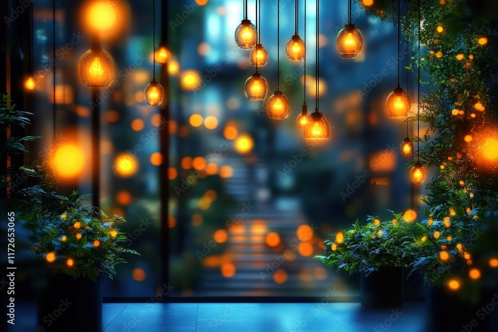 Poster warm bokeh lights hanging in a hotel lobby creating a cozy and inviting atmosphere with lush greener