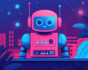 Voice Commerce A vibrant, cartoon-style robot stands against a colorful night skyline, featuring bright colors and playful design elements.