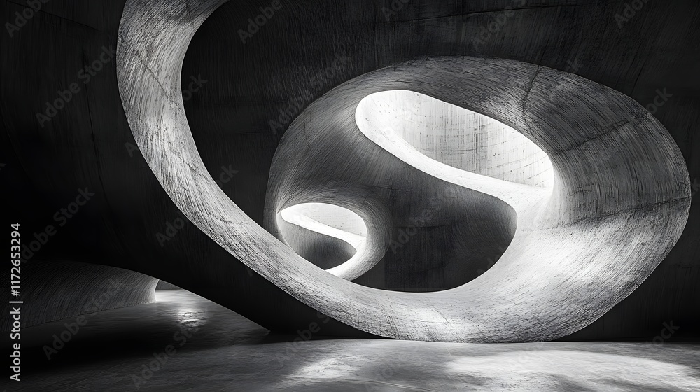 Poster Abstract Black and White Backgrounds. Monochromatic image of abstract concrete architecture. Curving walls and light play create a dramatic effect.